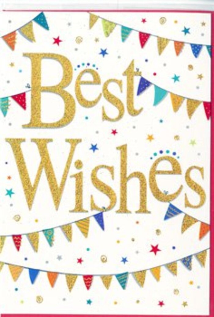 In this image, a thoughtfully designed Best Wishes card exudes a sense of happiness and support, much like the welcoming atmosphere of West Hampstead's tree-lined streets. The focal point is the greeting itself, written in elegant, flowing gold script that stretches confidently across the centre of a crisp white card. The letters appear slightly raised, with a soft glitter or foil sheen that suggests a refined yet festive texture-something you could gently trace with your finger and feel the smooth curves. This metallic gold glows warmly against the white, adding sophistication without overshadowing the playful elements around it. Above and below the message, strings of bunting arc gracefully, each line composed of small, evenly spaced triangular flags. The pennants shine in bright, saturated colours-reds, blues, greens, yellows, and pinks-some adorned with subtle stripes or dots that recall handcrafted details from a local artisan stall off West End Lane. These curved bands of bunting frame the golden text, giving the impression of a celebration banner hung proudly at the heart of a party. Around them, scattered stars and petite confetti-like dots in coordinating hues float lightly across the white space, adding a sense of energy and movement, as if frozen in the moment after a cheerful toss. Despite the joyful details, the arrangement feels balanced and uncluttered, allowing the eye to rest easily on the central words. It is the sort of card a West Hampstead florist might tuck into a bouquet for a graduation celebration, a first day at a new job in the city, or a milestone birthday being marked in a cosy local café. The card communicates warmth, pride, and encouragement with a gentle sparkle that feels both timeless and personal.