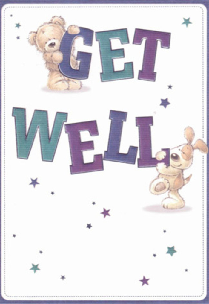 In this charming get well card illustration, two endearing companions-a plush teddy bear and a floppy-eared pup-turn a simple message into a scene of gentle encouragement. The bear, rounded and soft, perches at the top of the bold word GET, its chubby paws gripping the letters as though determined to hold the wish in place. Its fur is rendered with light brushstrokes in warm caramel and biscuit tones, giving it a tactile, well-loved appearance. Directly below, the puppy braces itself against the word WELL, its body curved protectively around the letters, soft cream and tan fur shaded to suggest velvety ears and a slightly tousled coat. The words Get Well are drawn in big, confident typography that feels almost three-dimensional, shaded in layered hues of rich purple, indigo, and teal. These colours echo the calm yet uplifting palette often used in soothing hospital bouquets, standing out clearly against a smooth, pale background that leans towards white with a hint of warm cream. Sprinkled around the text and characters are playful star shapes and little bursts of colour in varying shades of blue, mauve, and aqua, like tiny sparks of hope drifting across the page. The layout is open and airy, with ample negative space that makes the characters and lettering feel as though they're gently floating-perfect for someone who needs quiet reassurance rather than loud cheer. This is the kind of card that could easily sit beside a fresh vase of blooms in a West Hampstead home, perhaps near the cafés of West End Lane, its comforting animal friends mirroring the thoughtful care that goes into choosing the right flowers for someone on the mend.