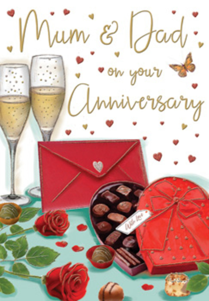 This anniversary card illustration offers a luxuriously romantic vignette that could easily belong on a carefully set dining table in West Hampstead on a cool evening. At its heart are two richly shaded red roses, their petals layered and full, with hints of dark crimson towards the centres that speak of deep affection and long-lasting love. They are nestled among polished green leaves, each leaf shaped and veined with the same attention to detail a florist from Florist West Hampstead would give when hand-selecting fresh stems for local delivery. Beside the flowers, a heart-shaped box of chocolates sits open, its inner compartments lined with neat rows of confections, while a few chocolates have been artfully scattered on the surface in front, hinting at shared indulgence. A bold red bow in luxurious satin wraps around the box, its loops carefully drawn so you can almost sense the smooth texture beneath your fingers. Standing just behind, two tall champagne flutes are filled with pale golden fizz; tiny bubbles spiral upward, catching the warm light and mirroring the joyful sparkle of an anniversary toast. Around the central arrangement drift golden and crimson hearts, soft-edged and weightless, like affectionate thoughts hovering in the air. In the foreground, a vivid scarlet envelope lies closed and elegantly sealed, suggesting a handwritten note brimming with memories of days spent walking through nearby Hampstead or sitting in West Hampstead's cafés. The lighting in the scene is gentle and enveloping, wrapping the chocolates, glassware, and roses in a subtle glow that evokes comfort, intimacy, and pride. It's a visual tribute to parents whose love has grown richer over time, much like a cherished corner of the neighbourhood that only becomes more beloved with the years.