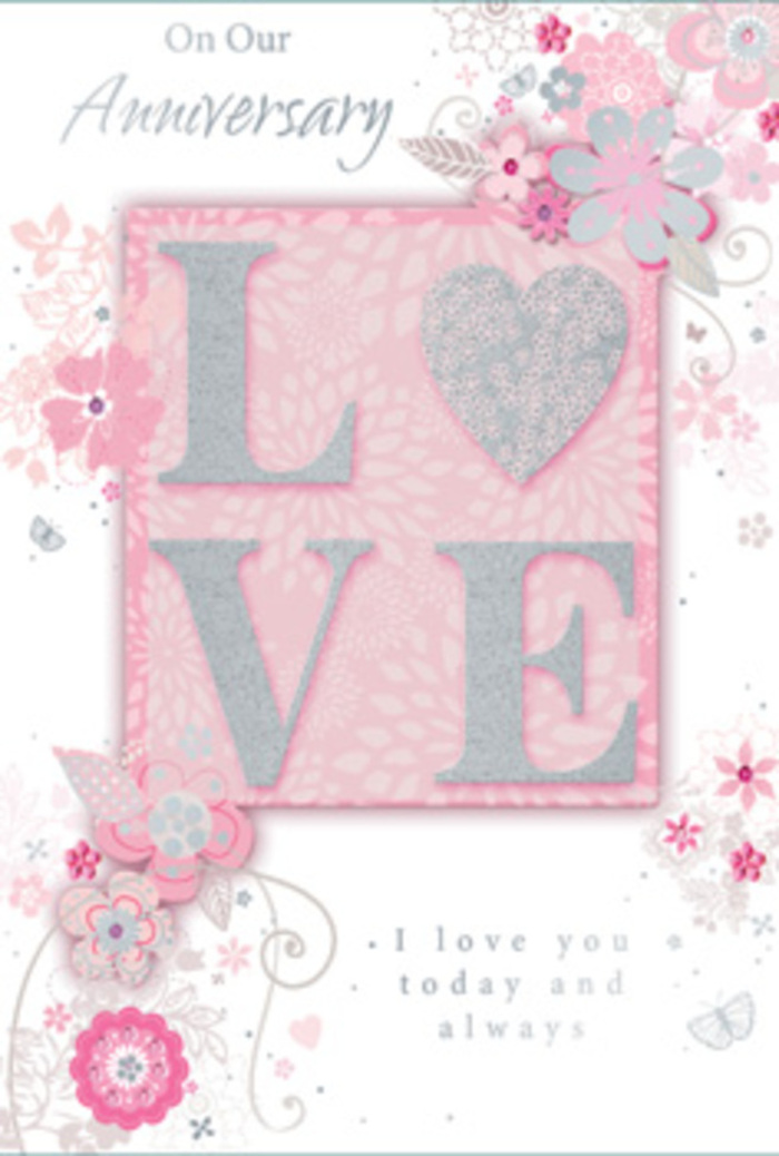 This richly detailed anniversary card is captured in gentle, diffused light, its design brimming with the same careful artistry a West Hampstead florist brings to an anniversary bouquet. At the heart of the composition, the word LOVE stretches across the card in large, slightly embossed letters. Each letter is coated with a frosted, glittery finish that shifts between blush pink, pearl white, and a soft hint of silver, creating a subtle sheen as the light moves. The surface appears textured yet smooth to the touch, inviting a moment of pause as fingers trace the raised outlines. Surrounding this central word, an intricate arrangement of stylised blossoms and curling foliage spills gracefully across the card. The blooms are drawn in slender, flowing strokes, with petals in gentle shades of pink, lilac, and ivory, deepened by shadows of soft grey and accented by fine silver details that glint like floral pins. These illustrated flowers resemble the airy outlines of a bouquet planned for a couple living near West Hampstead's leafy side streets, where seasonal stems are chosen with care. The background is a serene, powder-pink tone, subtly graded so it grows slightly deeper toward the corners, creating a quiet sense of depth. Soft, even lighting allows the glitter and metallic touches to shimmer without harshness, echoing the calm glow of an evening sky over Hampstead. Across the card, in an elegant script, the phrase I love you today and always and other anniversary sentiments curve gently among the flowers, balancing the composition. Tiny decorative elements - faint butterflies, delicate scrolls, and drifting petals - add a feeling of gentle motion, like blossoms stirred by a breeze along West End Lane. The result is a card that feels like a delicate paper bouquet, ready to be paired with fresh flowers for an intimate anniversary celebration in West Hampstead.