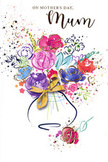 On this Mother's Day card, the artwork captures the spirit of a hand-tied bouquet from a trusted West Hampstead florist, reimagined in watercolour and shimmering gold. The central arrangement is formed by a lively cluster of flowers painted in vibrant cerise, raspberry, and soft rose-pink, each bloom loosely outlined in deep indigo lines that twist and sweep with an easy, artistic rhythm. Cooler accents of lavender, dusty lilac, and gentle blue weave between the warmer flowers, creating a harmonious blend of tones that feels both joyful and calming, reminiscent of a peaceful stroll around Fortune Green Park in early spring. Subtle hints of apricot and delicate green foliage add lightness and freshness.   

Fine golden brushstrokes highlight selected petals and trace along the edges of leaves, then gather at the base in a graceful bow around the suggestion of a rounded vase. These metallic touches catch the imaginary light, lending the illustration a soft, celebratory glow, like streetlights warming up along Mill Lane at dusk. The vase itself is rendered with minimal detail, in pale, fluid washes that anchor the bouquet without drawing attention away from the flowers. Around this central display, scattered splashes of paint and tiny heart motifs float freely across the white background, evoking petals thrown in joyful thanks. The overall impression is of warmth, affection, and artistry, as though the card itself were a lasting bouquet offered to Mum. It conveys the emotion of Mother's Day in West Hampstead-quiet appreciation, shared memories, and the simple happiness of giving something beautiful to someone deeply loved.