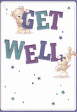 A whimsical get well card illustration shows two friendly characters-a soft, honey-brown teddy bear and a floppy-eared puppy-working together to share a heartfelt message. The bear, with rounded paws and a slightly tilted head, clings to the top of the bold word GET, its plush fur textured with gentle brushstrokes that make it look huggable. Below, the cheerful puppy balances and nudges the large block letters of WELL, its velvety ears falling forward and tail poised in mid-wag, as if eager to bring comfort. The lettering is big and playful, shaded in rich indigo, deep purples, and teal tones that almost glow against a clean, soft cream background, much like a bright bouquet resting on a windowsill in West Hampstead light. Around the characters and words, star shapes and tiny bursts of colour scatter across the card, painted in cool blues and violets that feel like little sparkles of hope drifting over the page. The overall mood is gentle and reassuring, the kind of simple, sincere cheer you might send along with fresh flowers to a loved one recuperating near Fortune Green or down by West End Lane. You can almost sense the card being propped beside a hospital bed or on a bedside table, its charming animal friends standing guard, their expressions quietly promising brighter days. The design radiates playful optimism rather than loud celebration, making it perfect for a child, a grandparent, or anyone in need of a soft, loyal reminder that they're being thought of, just as carefully as a hand-tied get well bouquet arranged by a local florist.