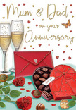 This evocative anniversary card scene is illustrated like a romantic still life arranged in a West Hampstead sitting room, capturing the warmth and affection of a family celebration. In the centre, plump red roses rest elegantly against deep green foliage, their petals painted with luxurious depth and subtle highlights, suggesting both softness and strength. The roses anchor the composition, much as a thoughtfully crafted bouquet might anchor a dinner table on a quiet street off West End Lane. Beside them, an open heart-shaped box of chocolates displays a neat pattern of individual truffles, each nestled in its own little well, with a few pieces tumbling forward for a more relaxed, inviting feel. A wide red satin ribbon is tied in a generous bow around the box, the loops and tails slightly curved, catching the light and adding a sense of special-occasion drama. Two tall champagne flutes stand close together behind the chocolates, filled with golden sparkling wine; the tiny rising bubbles and gentle reflections on the glass hint at that familiar clink just before a toast to Mum and Dad. Scattered softly across the background are delicate hearts in gold and crimson tones, floating like joyful thoughts and framing the affectionate message written on the card. At the front, a bright scarlet envelope lies sealed and ready to be opened, promising words of gratitude, admiration, and perhaps a few inside jokes known only to family. The whole scene is bathed in a cosy, evening-style glow, reminiscent of lamplight in a West Hampstead flat, adding gentle shadows and highlights that make the roses, chocolates, and glassware feel almost tangible. It radiates warmth, comfort, and a quiet yet powerful sense of enduring love.